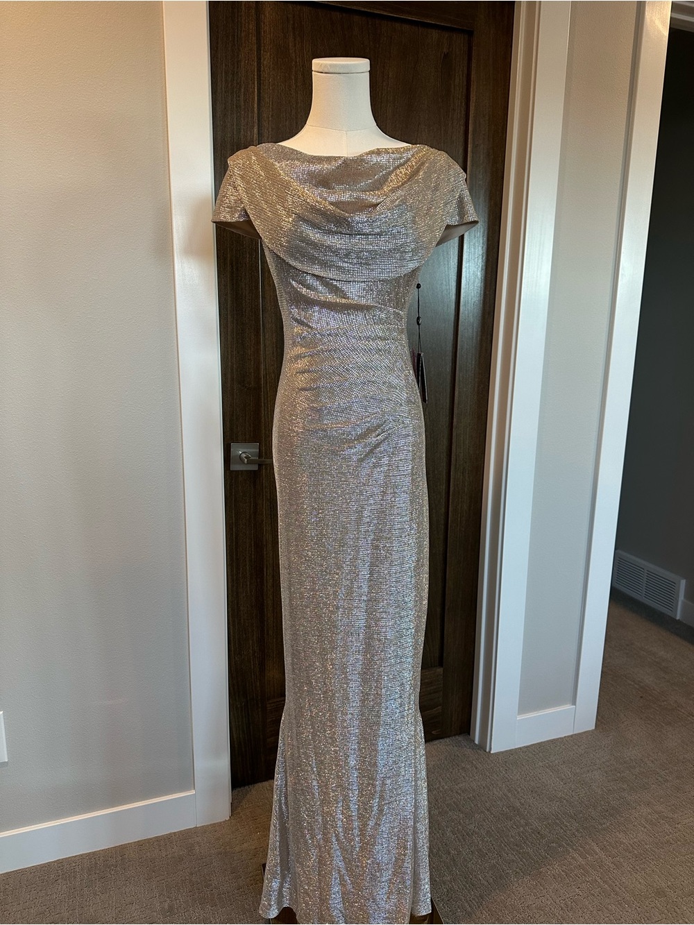 Adrianna Papell Silver Shimmer Cowl Neck Maxi Gown